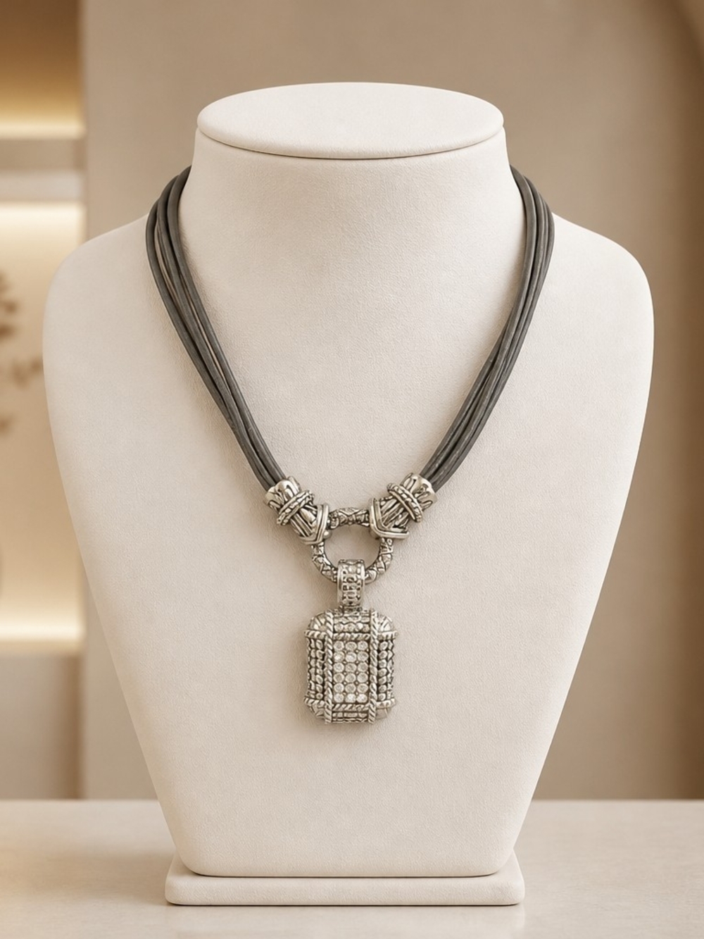 Sterling-Inspired Black Cord Pendant Necklace with Silver-Tone Pendant